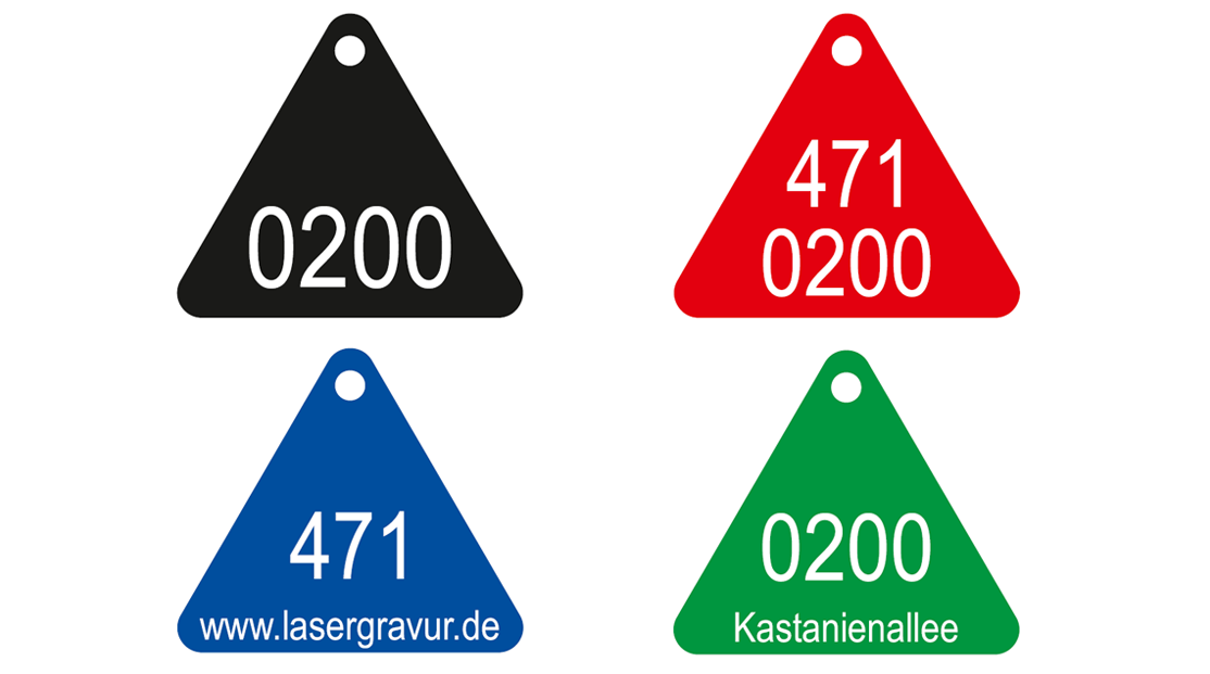 Aluminiumplaketten dreieckig ein- oder zweizeilig, Dicke t=1,0mm, farbig eloxiert, Schenkellänge ca. 46mm mit Gravur, inkl. Bohrung