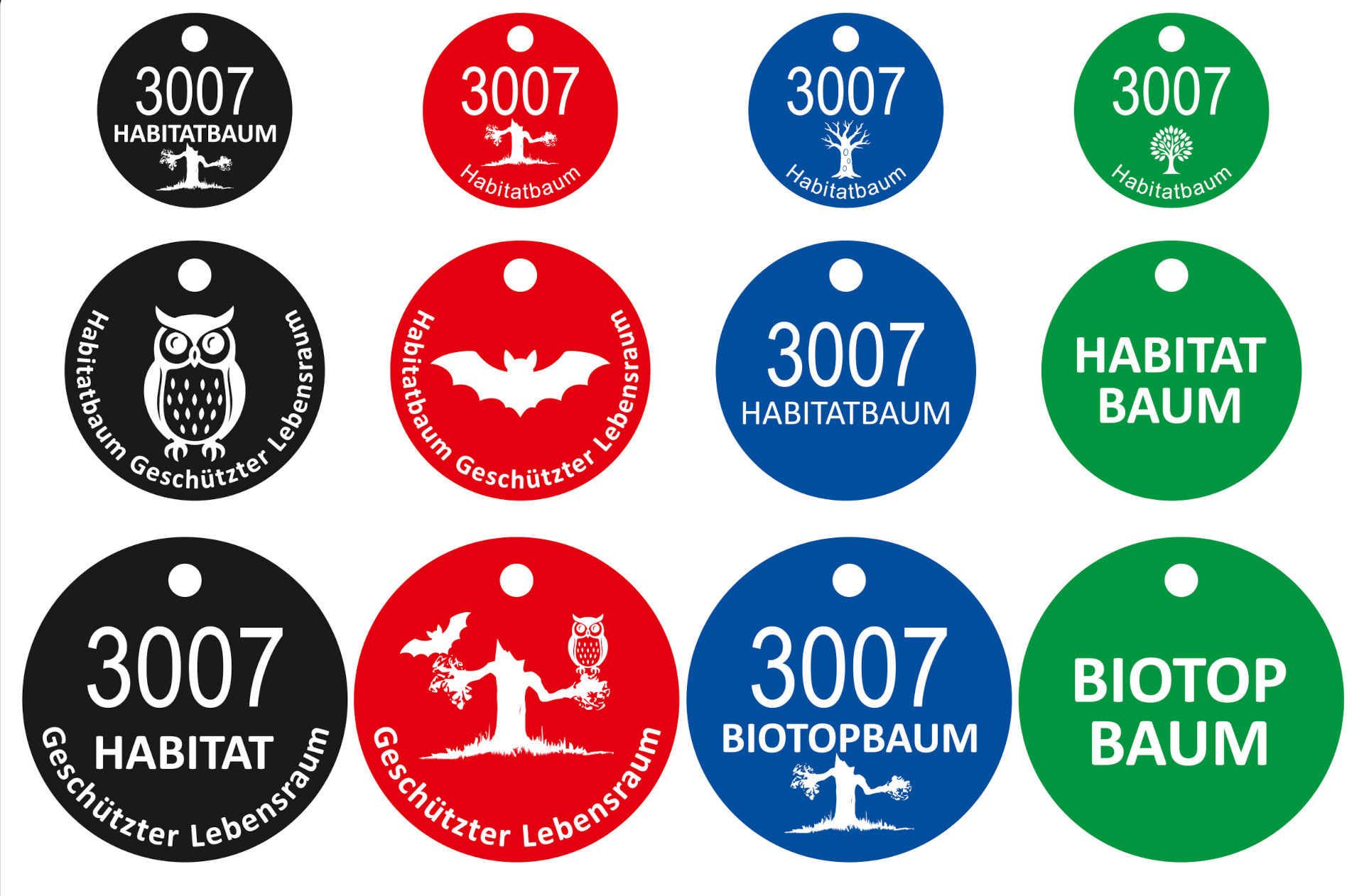 Habitat-/ Biotiop-Aluminiumplaketten Ø 30mm (Bohrung 4mm) oder Ø 40mm (wahlweise Bohrung 4mm oder 5,1mm) oder Ø 50mm (wahlweise Bohrung 4mm oder 5,1mm) schwarz, rot, blau oder grün eloxiert mit Lasergravur