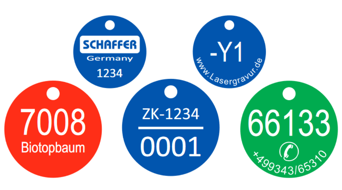 Aluminiumronden mit Logo oder zweizeilig, Dicke t=1,0mm, farbig eloxiert, Ø 30mm oder Ø 40mm mit Gravur, inkl. Bohrung