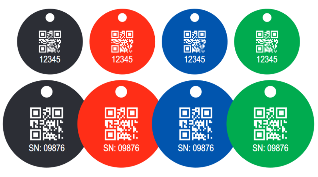 QR-Code Aluminiumronden Dicke t=1,0mm, farbig eloxiert, Ø 30mm oder Ø 40mm mit einzeiliger Gravur, inkl. Bohrung